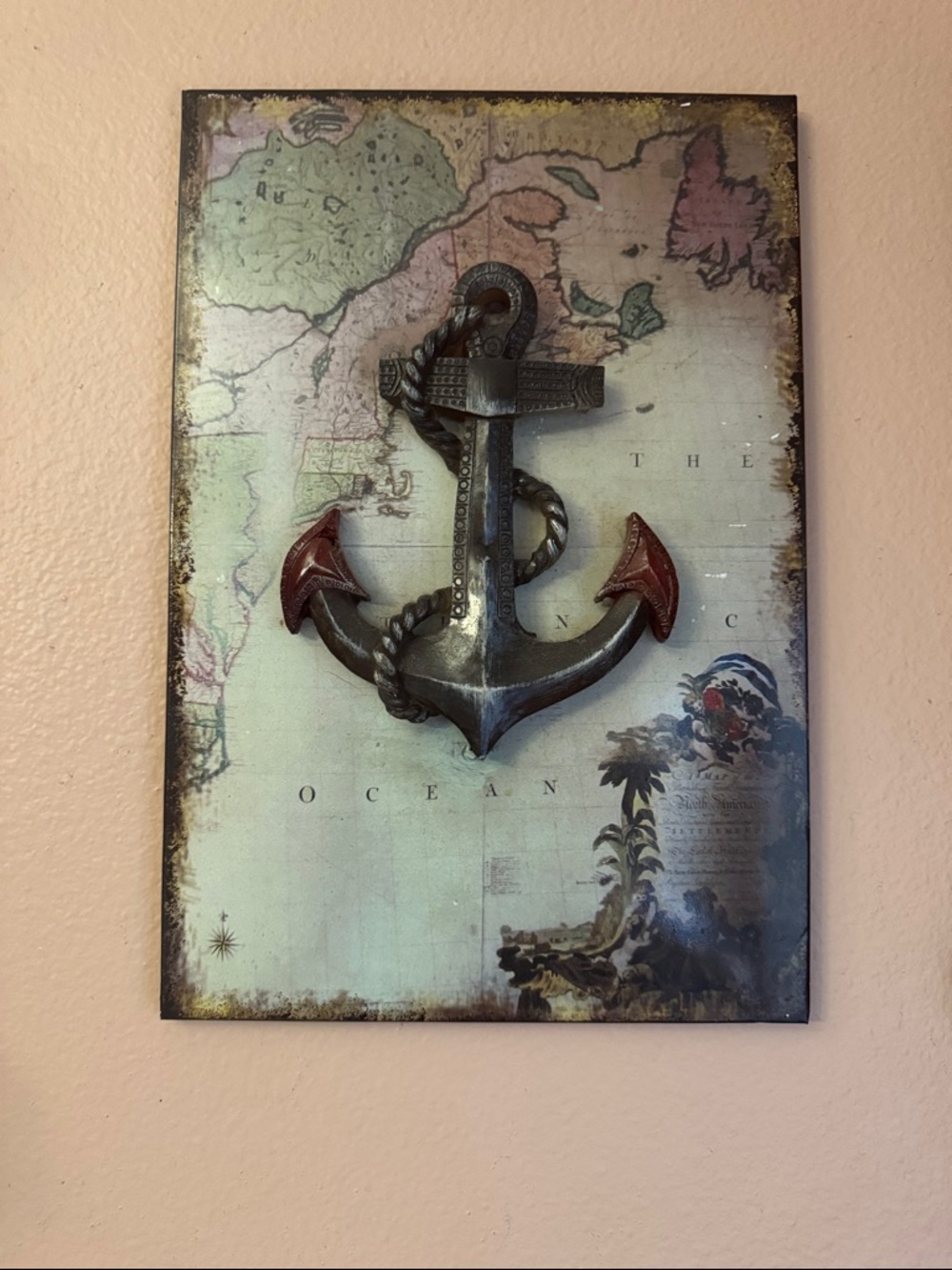 Nautical Anchor Wall Art - Rustic Metal Anchor Decor in Black and Red